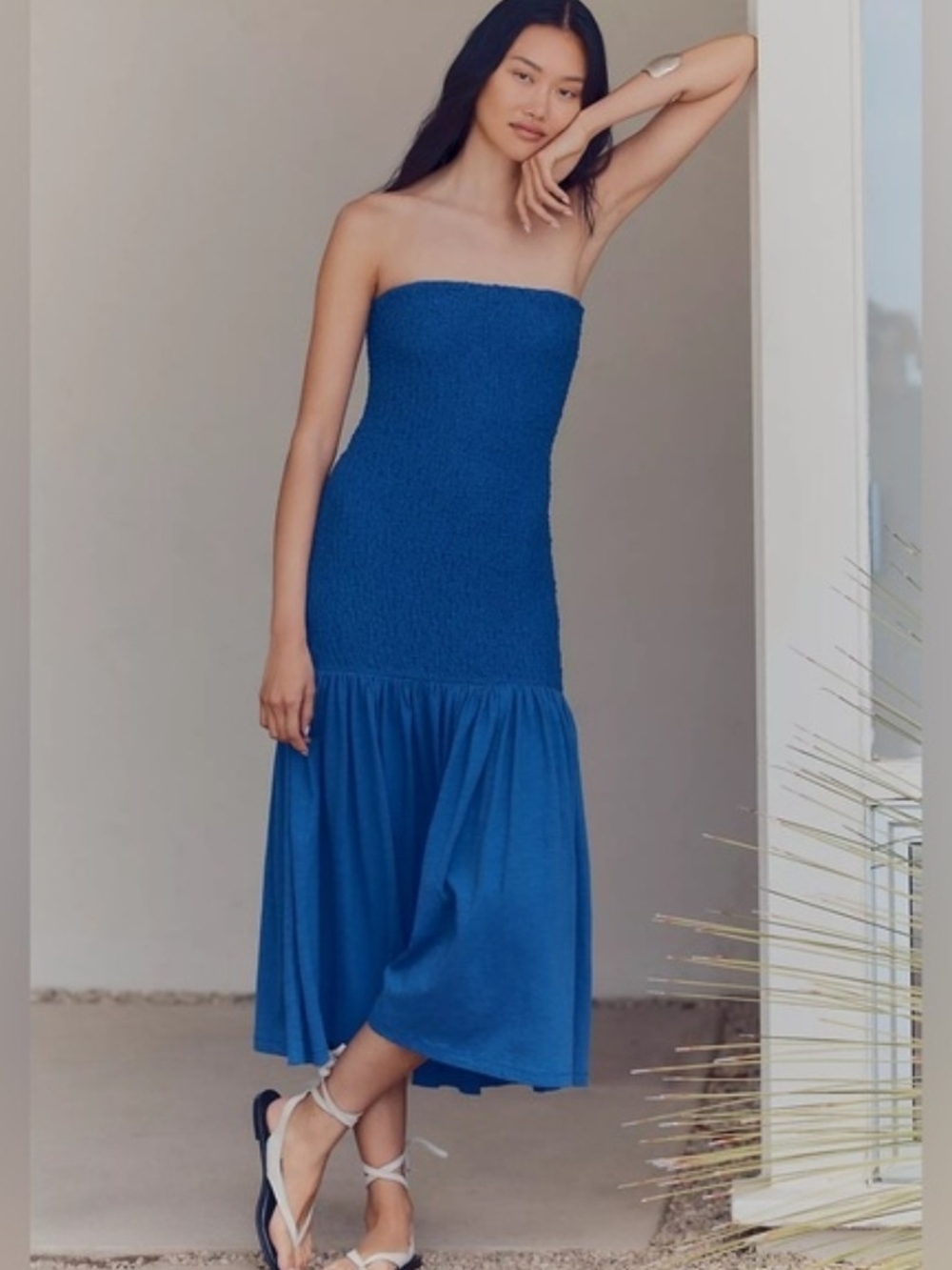 Anthropologie Strapless Smocked Midi Dress in Cobalt Blue